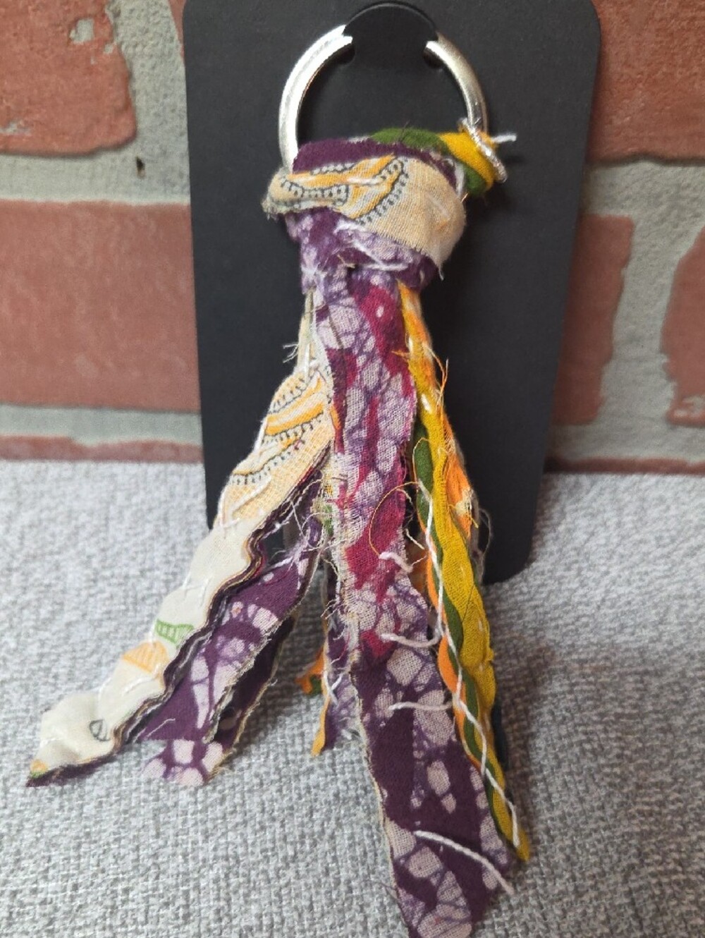 Boho Kantha Fabric Tassel Keychain/Bag Charm w/ Silver Heart Charm - Picture 3 of 4